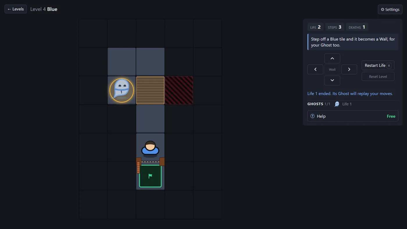 A blue tile on the grid beside a Ghost; the panel notes that stepping off a blue tile turns it into a wall.
