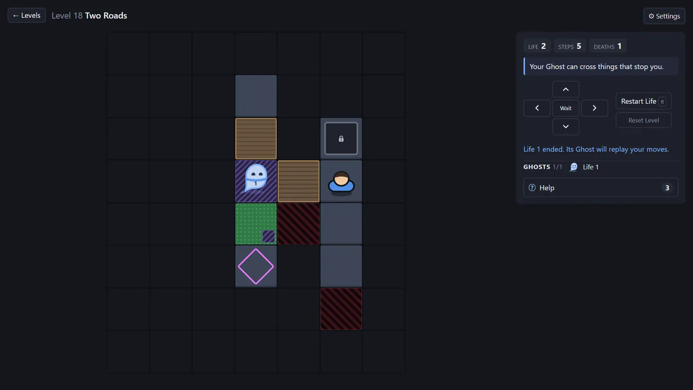 A green tile and a Ghost crossing a purple echo tile; the panel notes that a Ghost can cross things that stop you.