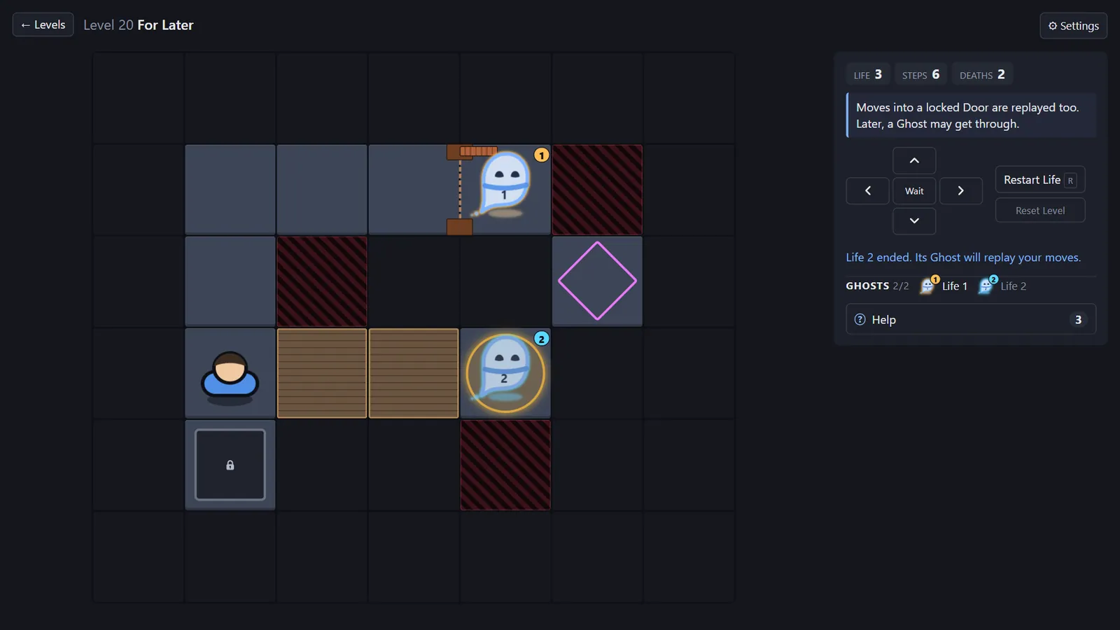 One Life Behind gameplay: a player and two glowing past-life Ghosts on a dark tile grid with walls and a target.