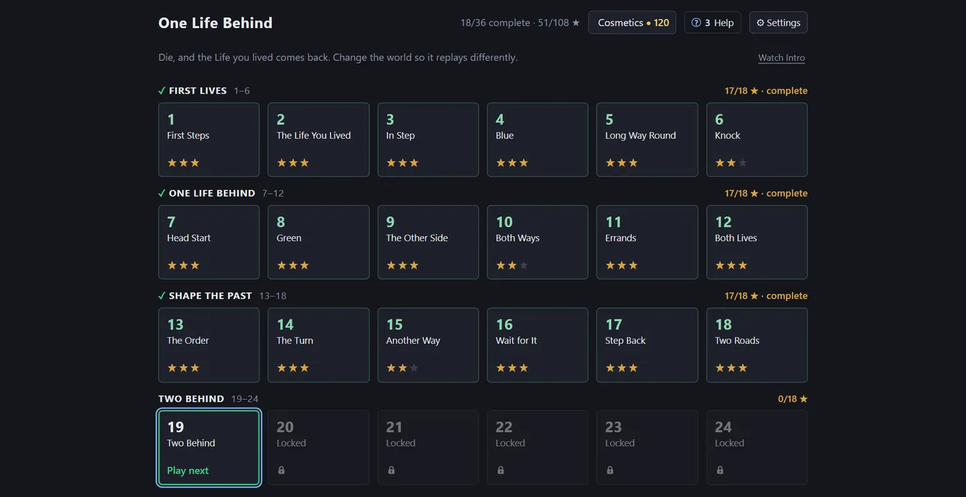 The level select screen: chapters of levels with star ratings.