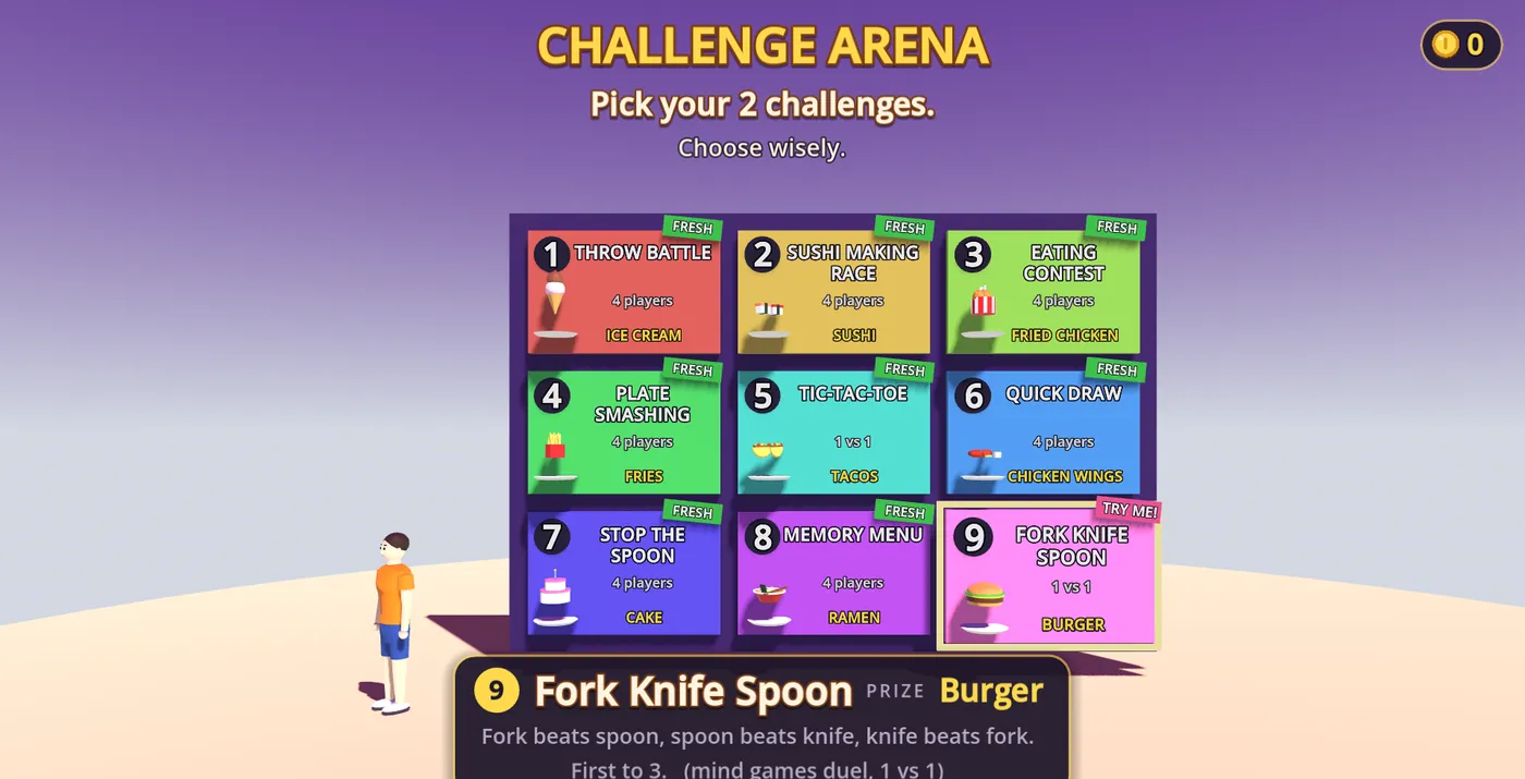 A colourful challenge arena: a grid of food mini-games to pick from, with the character standing to one side.