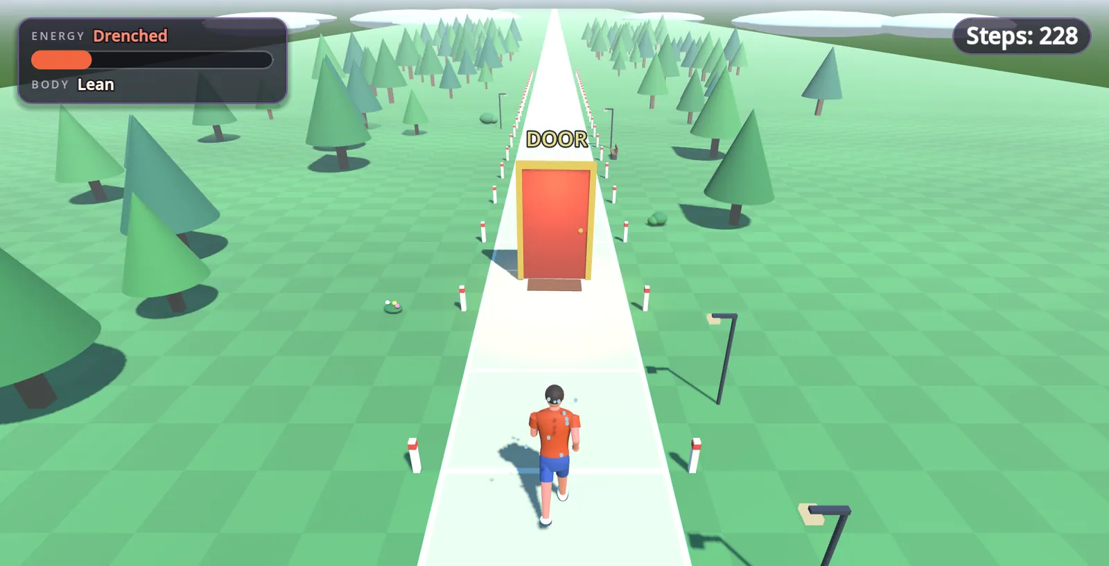 The same road much later: the door now fills the view and the walking character looks leaner and worn.