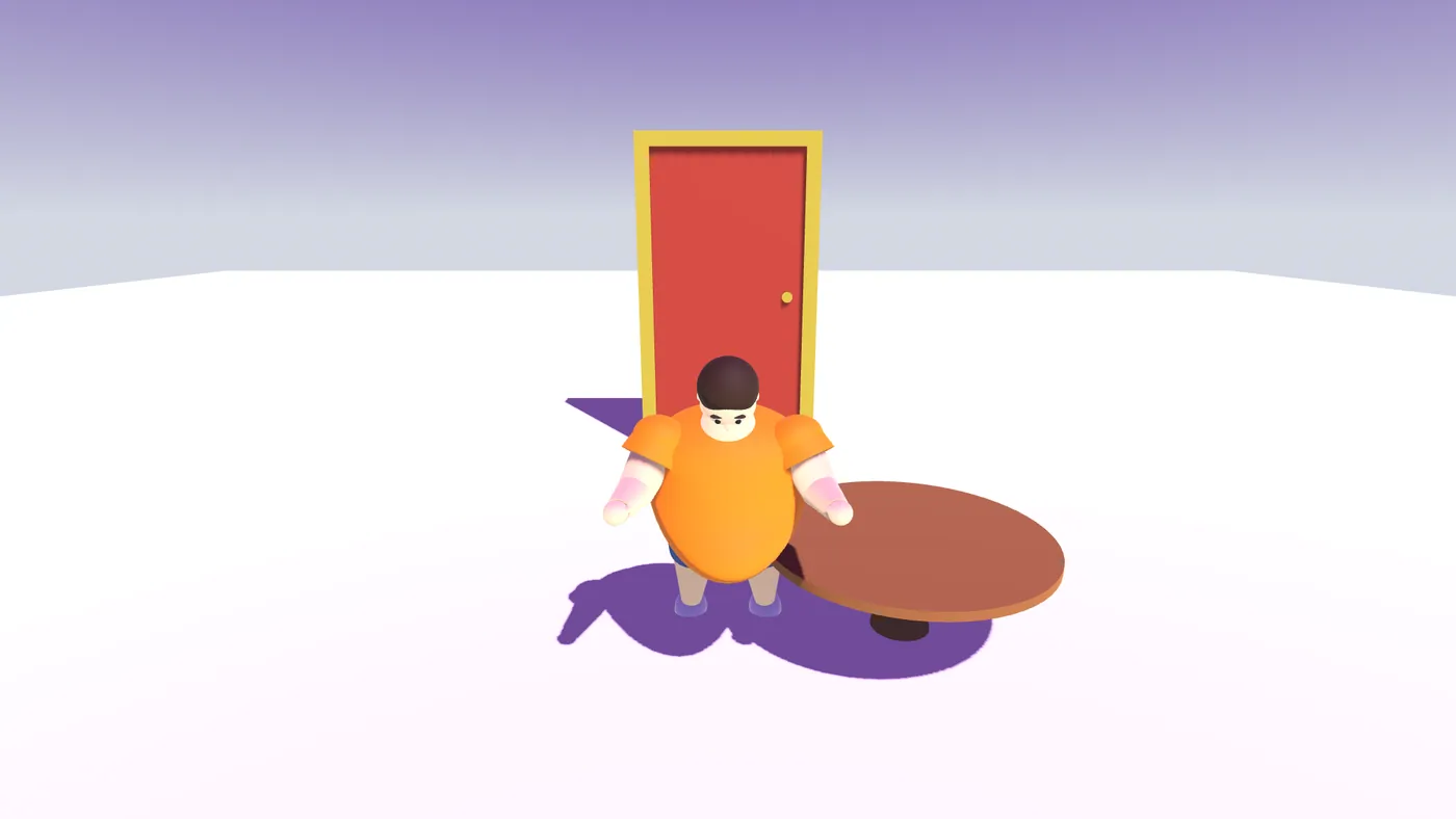 The character, large again, standing at a fresh door as the next walk begins.