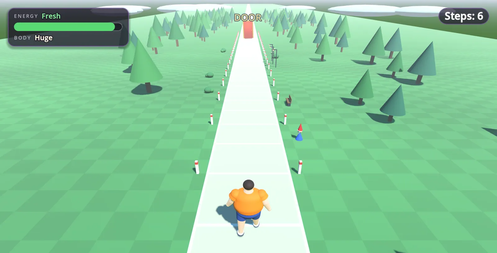 Open the Door gameplay: a character on a long white road stretching toward a tiny distant door across a green landscape.