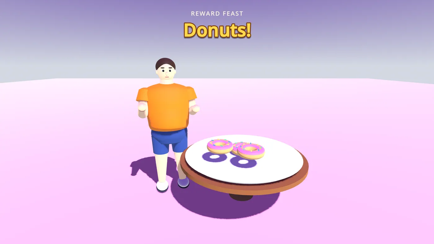 A reward feast: the character beside a plate of donuts after winning.