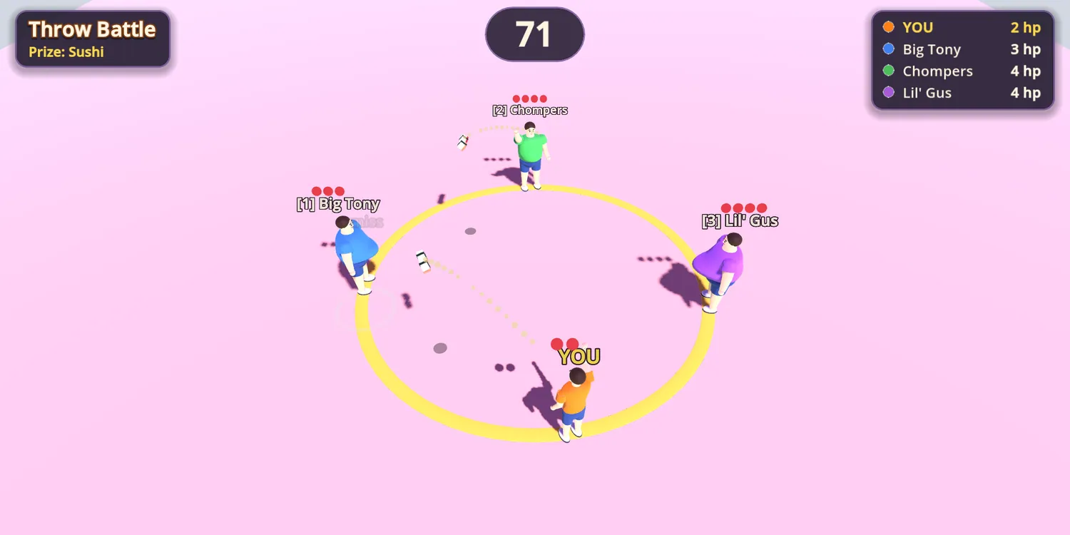 Throw Battle: four characters in a ring throwing food, each with a small health meter.